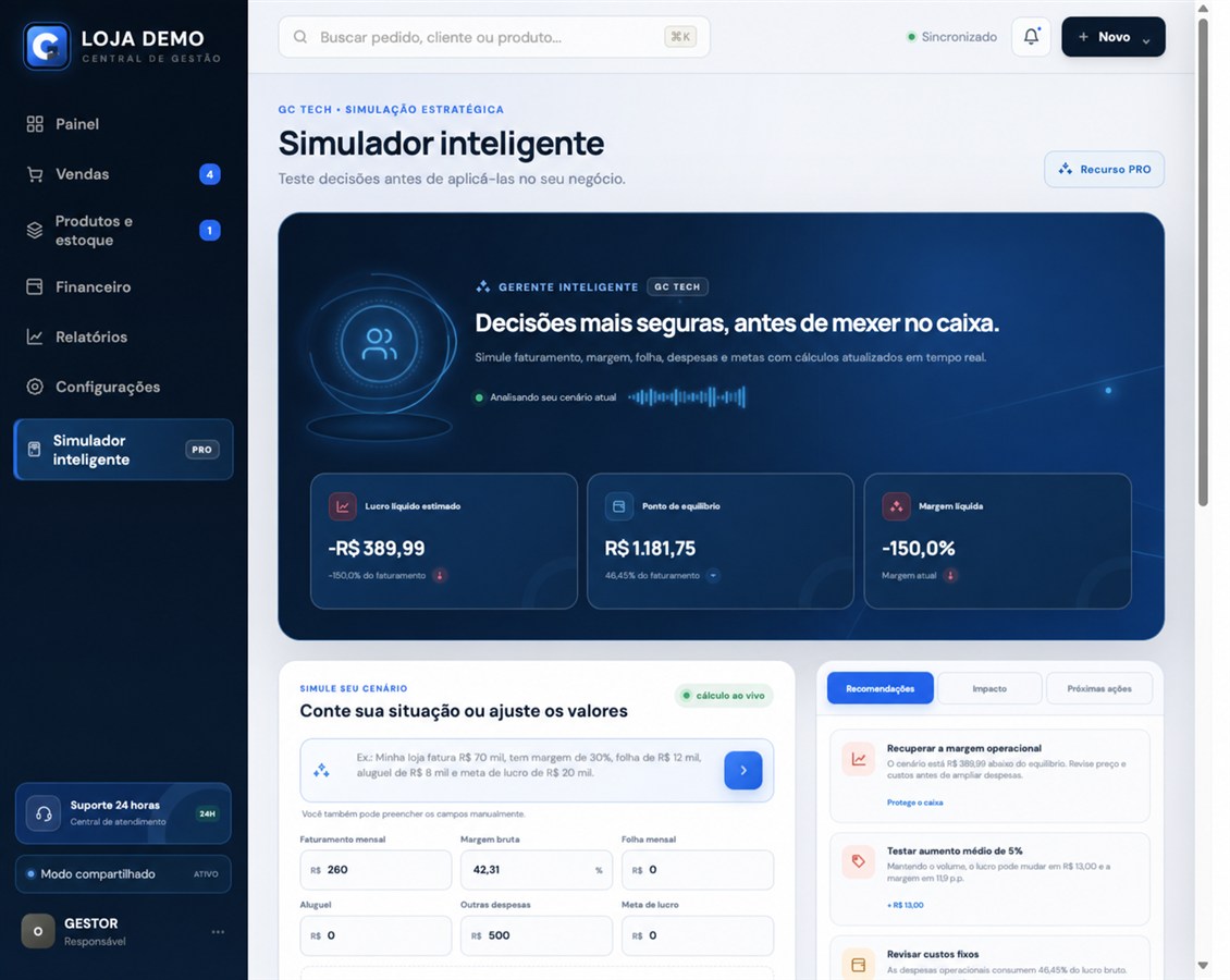 Tela real do Simulador Inteligente da GC TECH